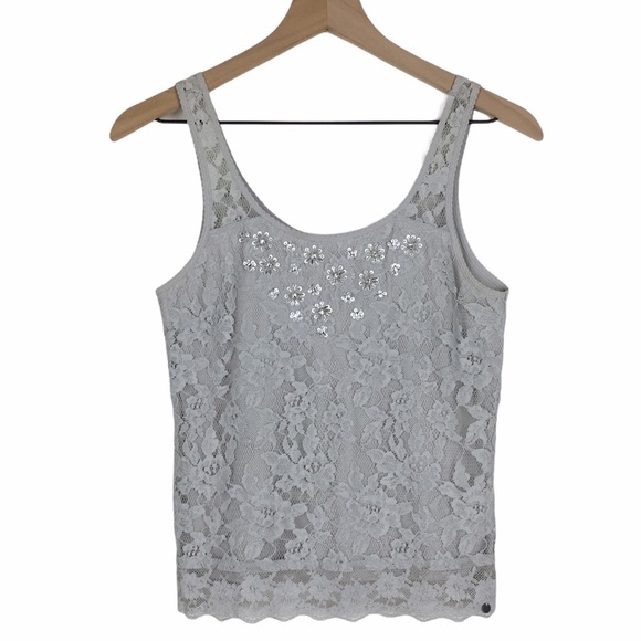 ABERCROMBIE & FITCH Tank Top Lace Rhinestones Floral Flowers Stretch Y2K Small - Picture 1 of 10